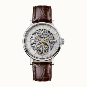 Ingersoll 1892 I05801 Herrenuhr The Charles Automatikwerk Edelstahl poliert Ziffernblatt Silber Lederarmband Braun matt